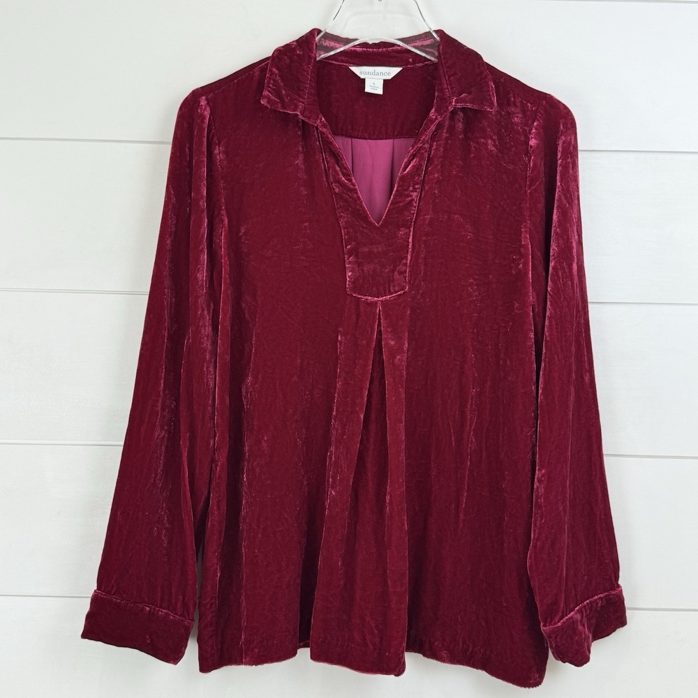 SUNDANCE VELVET NUANCE SILK TOP Women Small Wineberry Holiday Classic Pullover - Picture 2 of 11